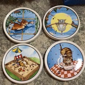 Set of 4 Gary Patterson Cartoon Cat Non-Slip Ceramic Coasters by Clay Design